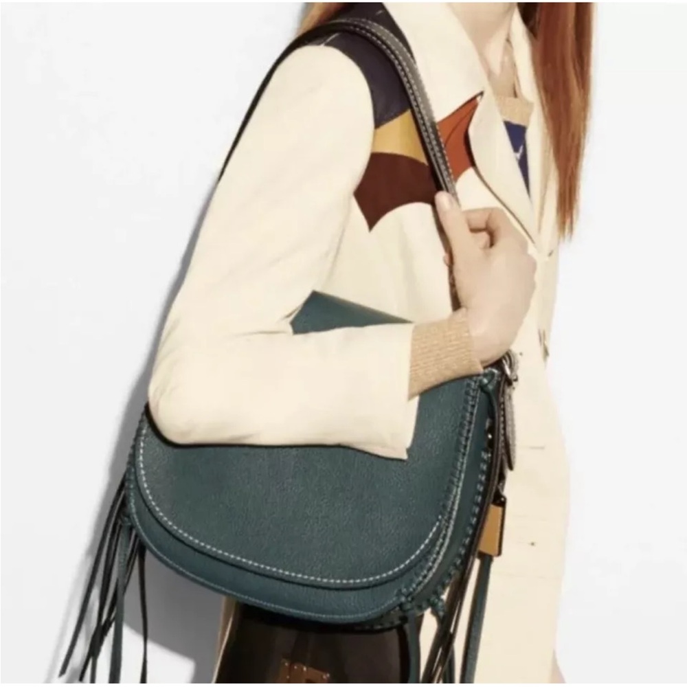 Coach 1941 Whiplash Stitch Studded Fringe Leather Saddle Crossbody Bag, Teal - Picture 2 of 16